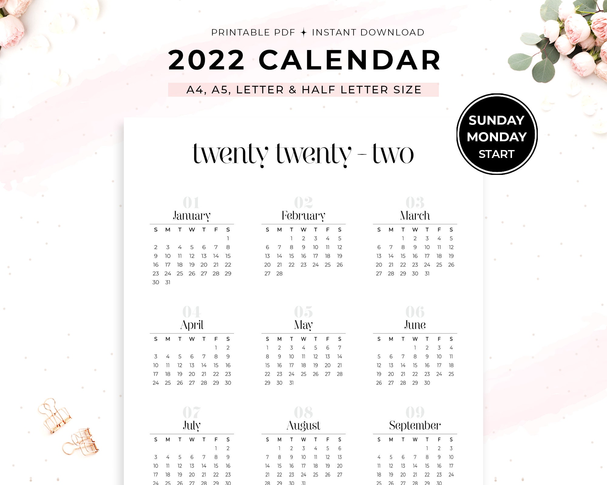 2022 yearly calendar printable calendar pdf desk calendar etsy
