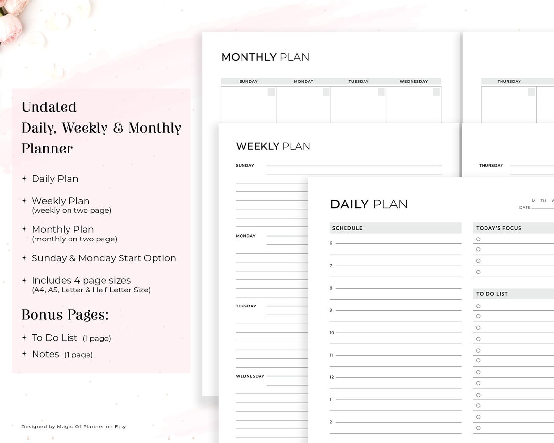 Daily, Weekly, Monthly Planner, Printable Planner Set, Undated Planner ...