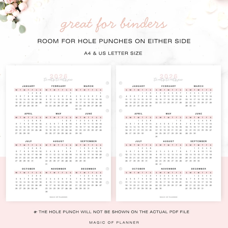 2026 Pink Yearly Calendar Printable, Year At A Glance, Desk Calendar, Vertical Layout, Sunday Monday Start, A4 Letter Size Planner Inserts image 3