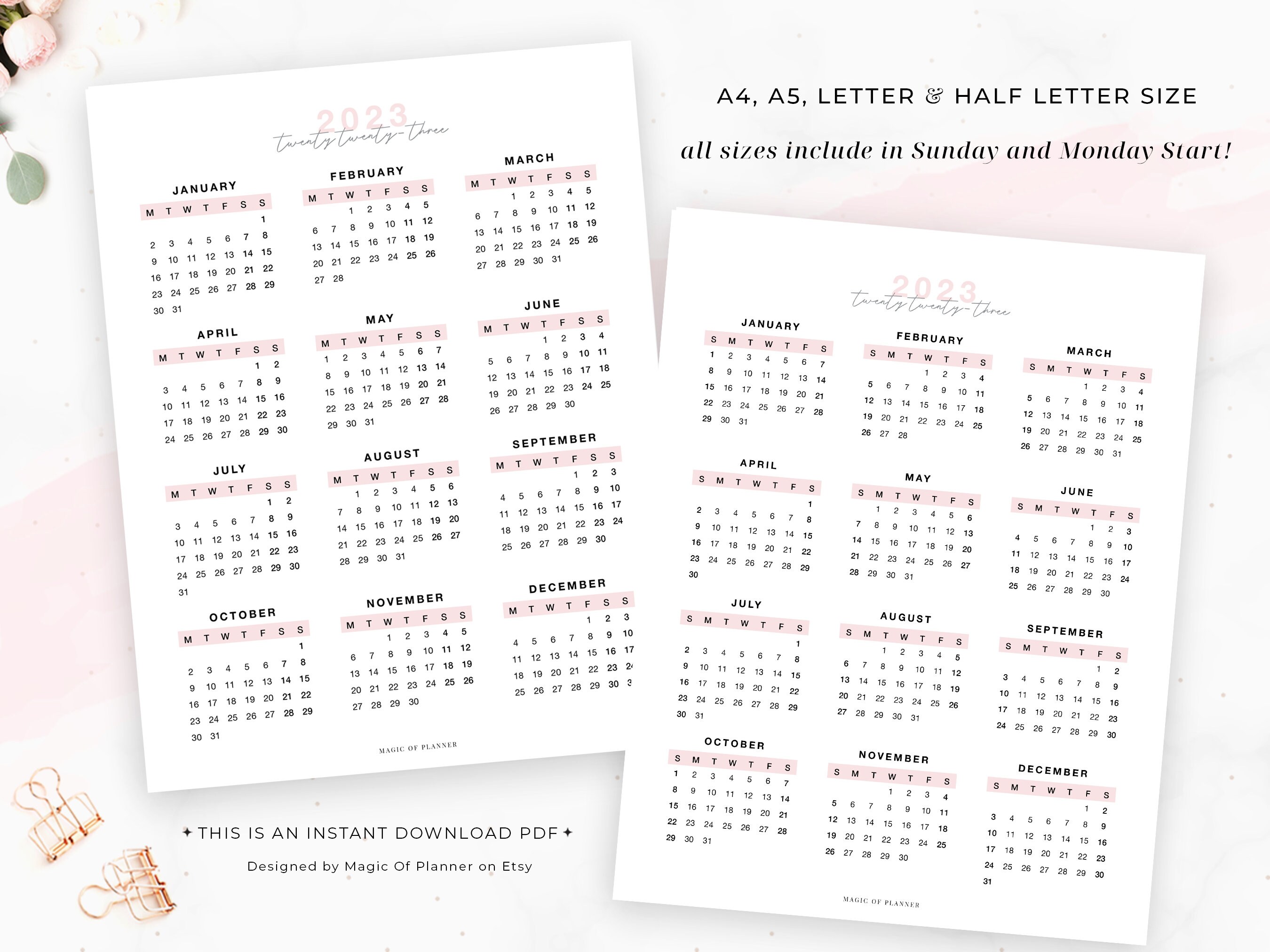 2023 Yearly Calendar Printable Year At A glance Desk Etsy Portugal