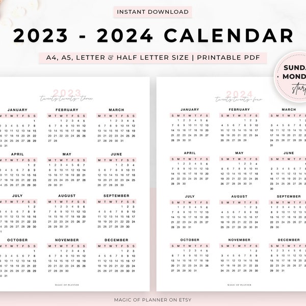 2023 2024 Yearly Calendar Printable, Year At A glance, Yearly Overview, Sunday Monday Start, A4, A5, Letter and Half Letter Size