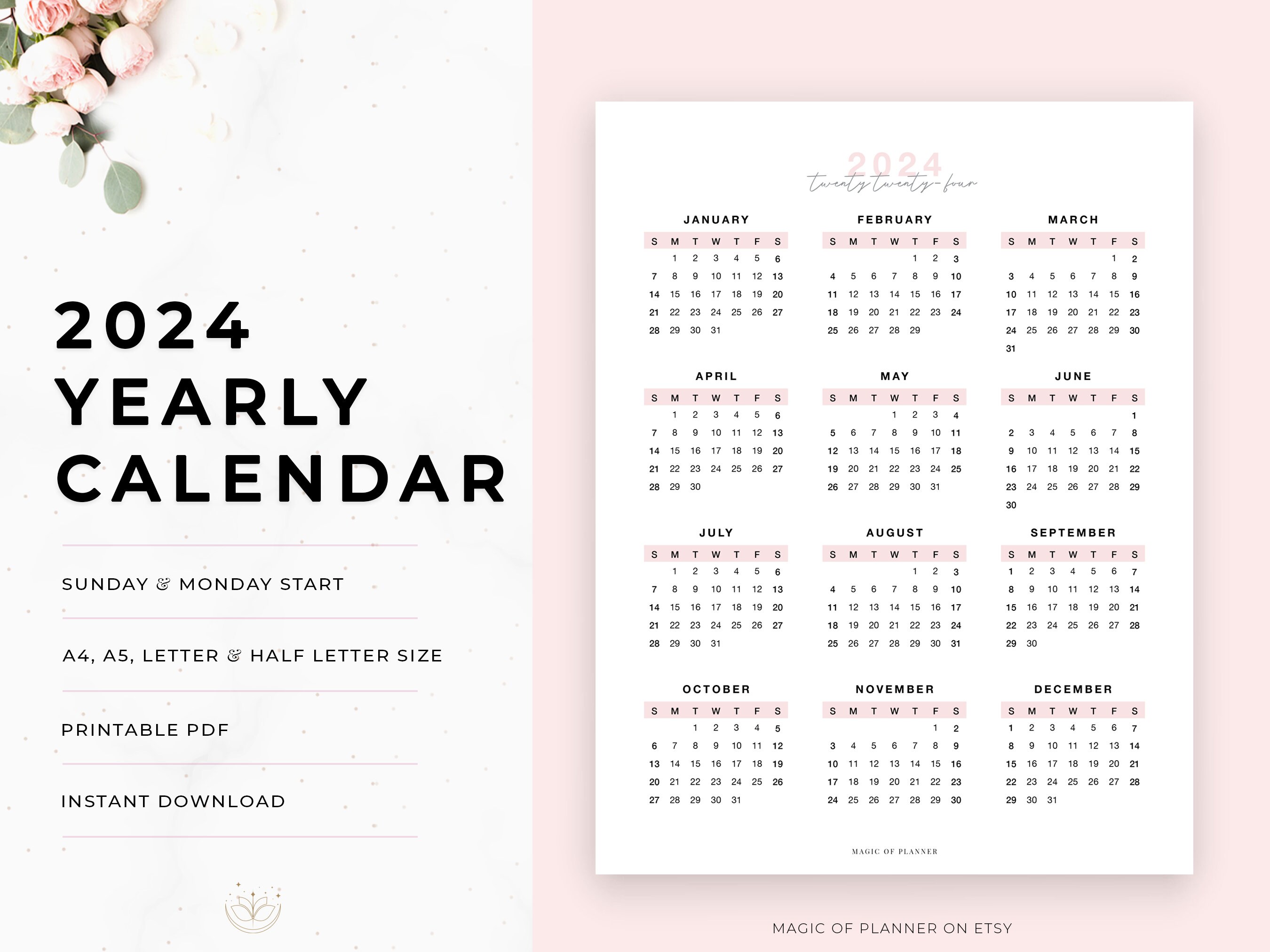 2024 Calendar Printable, Year at A Glance, Desk Calendar, Yearly
