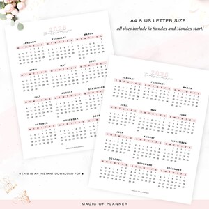 2026 Pink Yearly Calendar Printable, Year At A Glance, Desk Calendar, Vertical Layout, Sunday Monday Start, A4 Letter Size Planner Inserts image 2