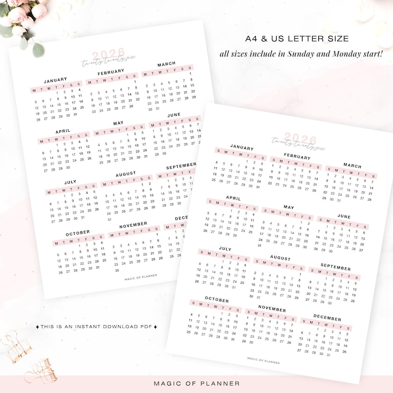 2026 Pink Yearly Calendar Printable, Year At A Glance, Desk Calendar, Vertical Layout, Sunday Monday Start, A4 Letter Size Planner Inserts image 2