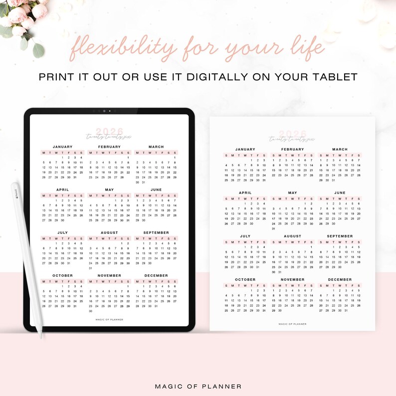 2026 Pink Yearly Calendar Printable, Year At A Glance, Desk Calendar, Vertical Layout, Sunday Monday Start, A4 Letter Size Planner Inserts image 4