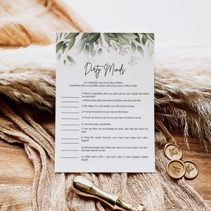Dirty Minds Greenery Bridal Shower Game Printable Bachelorette Party Games Wedding Shower Games Hens night Virtual Bridal Shower
