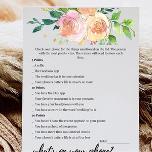 What's On Your Phone Game Pink & Gold Roses Bridal Shower Game Printable Bachelorette Party Games Wedding Shower Game Virtual Bridal