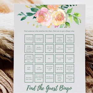 Find the guest Bingo Game Pink&Gold Roses Bridal Shower Game Printable Bachelorette Party Game Wedding Shower Game Hens night Virtual Bridal