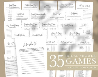 May include: A set of 35 printable bridal shower games in black and white. The games include "Bride Bingo", "Find the Guest Bingo", "Guess the Number", "Who Am I", "Name That", "My Favorite Memory", "Drink If", "Guess the Dress", "He Said She Said", "And She Said", "Honey Do List", "What's on Your Phone", "All Eyes on the Bride", "Dirty Minds", "Bridal Shower Charades", "Bucket List", "Scategories", and "Bridal Family".