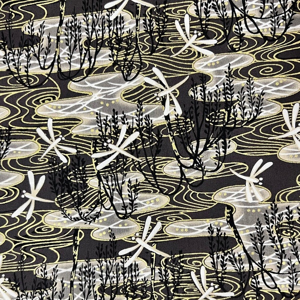 Dragonflies and Weeping Willows with Gold Metallic Accents Asian Oriental 100% woven cotton fabric Charcoal by the HALF YARD approx 18"x43"