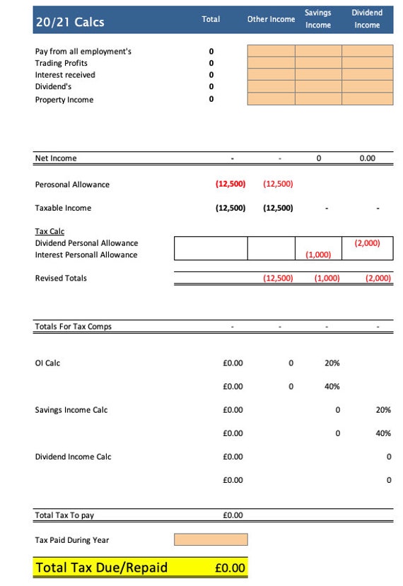 Personal Tax return Calc Template 20/21 | Etsy