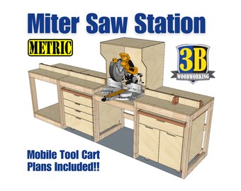 May include: A miter saw station with a mobile tool cart. The station is made of wood and has a yellow and black miter saw. The station has a shelf, drawers, and a cabinet. The tool cart has a shelf and drawers. The station is labeled "Miter Saw Station" and "Metric". The tool cart is labeled "Mobile Tool Cart Plans Included!!".