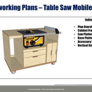 Woodworking plans for a table saw mobile workbench, designed for easy mobility and efficient workspace organization, with built-in storage and a sturdy surface for projects from 3bwoodworking