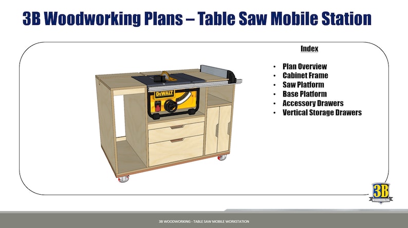 Woodworking plans for a table saw mobile workbench, designed for easy mobility and efficient workspace organization, with built-in storage and a sturdy surface for projects from 3bwoodworking