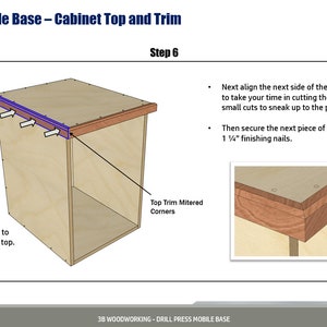 May include: Step 6 of a woodworking project showing how to attach a wood trim to the top of a cabinet. The image shows a close-up of the mitered corners of the trim and the cabinet top. The text in the image reads: "Next align the next side of the top trim making sure to take your time in cutting the miters and making small cuts to sneak up to the perfect mitered joint. Then secure the next piece of top trim in place using 1 1/4" finishing nails."