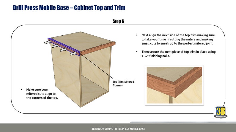 May include: Step 6 of a woodworking project showing how to attach a wood trim to the top of a cabinet. The image shows a close-up of the mitered corners of the trim and the cabinet top. The text in the image reads: "Next align the next side of the top trim making sure to take your time in cutting the miters and making small cuts to sneak up to the perfect mitered joint. Then secure the next piece of top trim in place using 1 1/4" finishing nails."