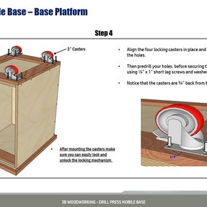 May include: Step 4 of a drill press mobile base assembly instructions. A wooden base with four red locking castors attached to the bottom. The castors are 7.6 cm in diameter and have a locking mechanism. The instructions note that the castors are 6 mm back from the front and sides.
