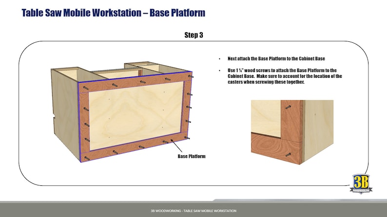 Woodworking plans for a table saw mobile workbench, designed for easy mobility and efficient workspace organization, with built-in storage and a sturdy surface for projects from 3bwoodworking