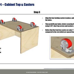 May include: Diagram showing how to install four locking casters on a wooden cabinet top. The casters are 3 inches in diameter and have red wheels. The diagram includes instructions to predrill holes and use 5/16 inch lag screws and washers to secure the casters.
