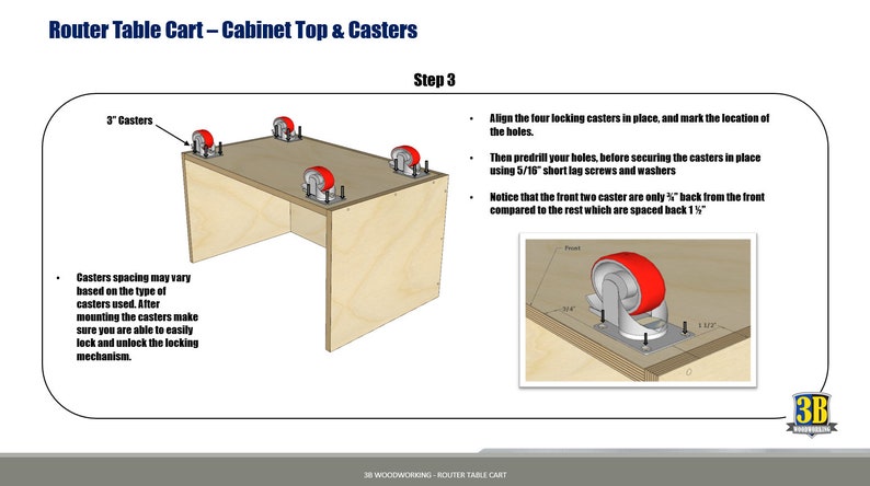May include: Diagram showing how to install four locking casters on a wooden cabinet top. The casters are 3 inches in diameter and have red wheels. The diagram includes instructions to predrill holes and use 5/16 inch lag screws and washers to secure the casters.
