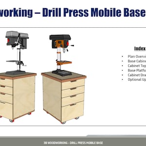 May include: A drill press mounted on a mobile base with a cabinet and drawers. The base is made of wood and has four wheels. The drill press is black and orange. The cabinet has three drawers. The text "Index" is listed with several bullet points describing the different parts of the base.