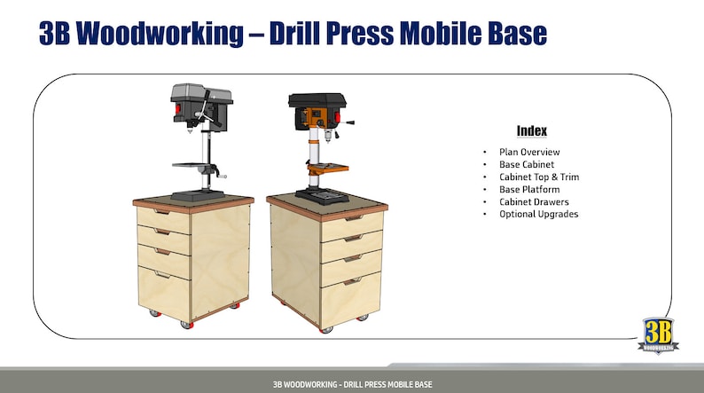 May include: A drill press mounted on a mobile base with a cabinet and drawers. The base is made of wood and has four wheels. The drill press is black and orange. The cabinet has three drawers. The text "Index" is listed with several bullet points describing the different parts of the base.