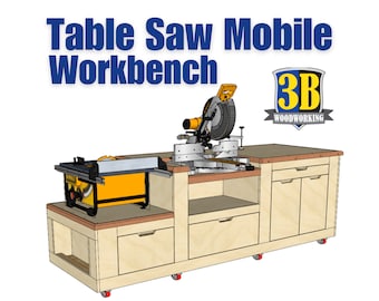 May include: A white table saw workbench with a yellow table saw and a black miter saw on top. The workbench has two drawers and two cabinets on the right side. The workbench is on wheels and has the text "Table Saw Mobile Workbench" and "3B Woodworking" on it.