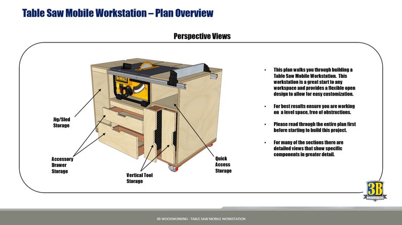 Woodworking plans for a table saw mobile workbench, designed for easy mobility and efficient workspace organization, with built-in storage and a sturdy surface for projects from 3bwoodworking