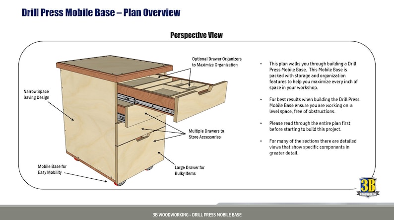 May include: A 3D rendering of a wooden drill press mobile base with four drawers. The base is on wheels and has a top surface for a drill press. The drawers are labelled with their purpose: "Large Drawer for Bulky Items", "Multiple Drawers to Store Accessories", and "Optional Drawer Organizers to Maximize Organization". The text "Drill Press Mobile Base - Plan Overview" is at the top of the image.