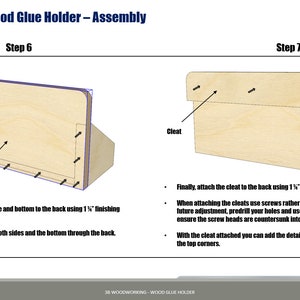 May include: Step-by-step assembly instructions for a wooden glue holder with a French cleat. The instructions include diagrams showing how to attach the sides and bottom to the back using 1 1/4" finishing nails and glue, and how to attach the cleat to the back using 1 1/2" wood screws.