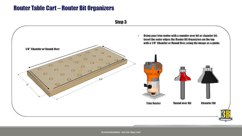 May include: A diagram showing how to use a trim router to bevel the edges of a router bit organizer. The organizer is made of wood and has 1/8 inch chamfers or round-overs on the edges. The organizer is 14 inches long and 6 inches wide. The diagram shows a trim router, a round-over bit, and a chamfer bit.