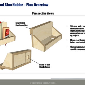 May include: A 3D rendering of a wood glue holder with a French cleat mounting system. The holder has a shelf for multiple glue bottles and a built-in glue retainer. The text "Easy French Cleat mounting" and "Ready-to-use Glue Retainer" are visible in the image.