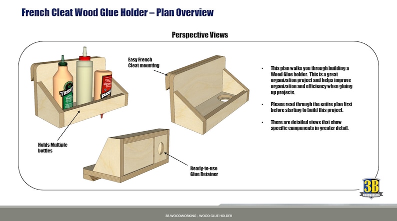 May include: A 3D rendering of a wood glue holder with a French cleat mounting system. The holder has a shelf for multiple glue bottles and a built-in glue retainer. The text "Easy French Cleat mounting" and "Ready-to-use Glue Retainer" are visible in the image.