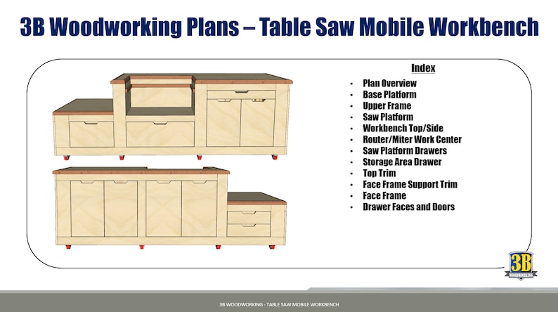 Woodworking plans, workbench plans, table saw workbench, and garage storage solutions.