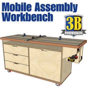 May include: A mobile assembly workbench with three drawers and a tool holder. The workbench has a wooden top with two blue tracks and clamps. The workbench is on wheels and has a 3B Woodworking logo.