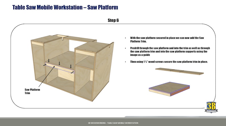 Woodworking plans for a table saw mobile workbench, designed for easy mobility and efficient workspace organization, with built-in storage and a sturdy surface for projects from 3bwoodworking