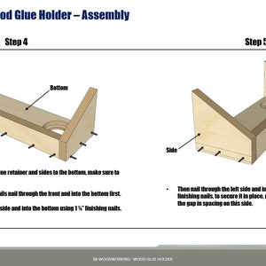 May include: Diagram showing the assembly steps for a wood glue holder. Step 4 shows how to attach the glue retainer and sides to the bottom using 1 1/4 inch finishing nails. Step 5 shows how to nail through the left side and into the bottom using 1 1/4 inch finishing nails.