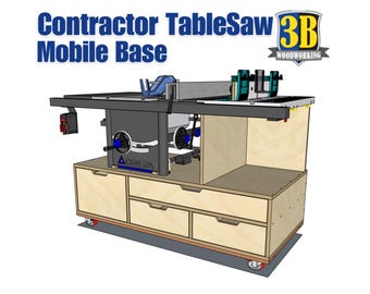 May include: A gray Delta contractor table saw on a mobile base with four drawers. The base is made of wood and has four wheels. The table saw has a blue and black blade guard and a black and silver motor.