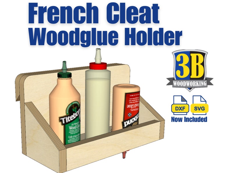 May include: A 3D rendering of a French Cleat wood glue holder. The holder is made of wood and has three slots for bottles of wood glue. The holder is labeled "French Cleat Woodglue Holder" and "3B Woodworking".