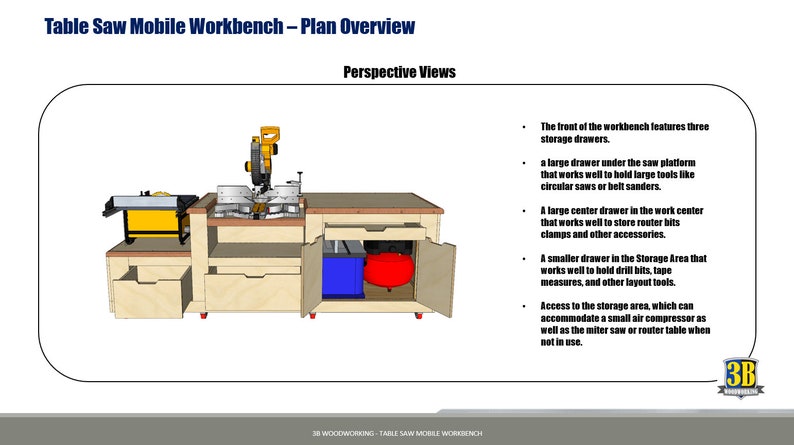 Woodworking plans, workbench plans, table saw workbench, and garage storage solutions.