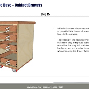 May include: A step-by-step illustration showing how to assemble a wooden cabinet with drawers. The cabinet is made of plywood and has four drawers. The drawers are labelled with arrows indicating the direction they slide. The text "Step 15" is visible in the top right corner of the image.