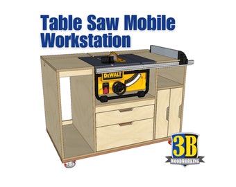 Table Saw Mobile Workstation - Build Plans | Woodworking Plans, Table Saw Workbench, Workshop Cabinets