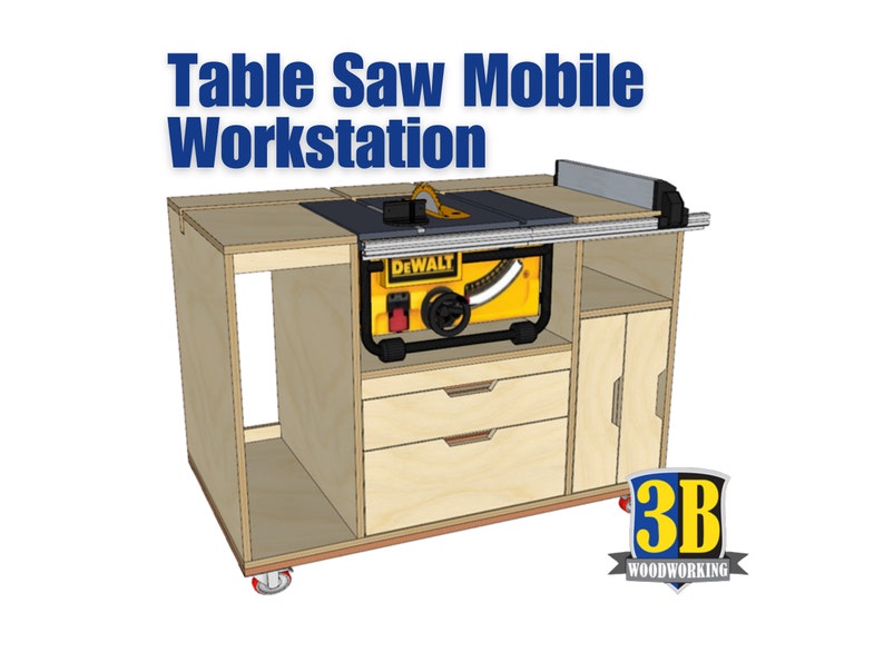 Woodworking plans for a table saw mobile workbench, designed for easy mobility and efficient workspace organization, with built-in storage and a sturdy surface for projects from 3bwoodworking