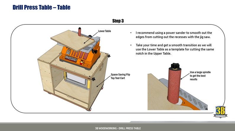 May include: Step 3 of building a drill press table. A power sander is used to smooth out the edges of the table. The table is made of wood and has a space-saving flip top tool cart. The text "Space Saving Flip Top Tool Cart" is visible in the image.