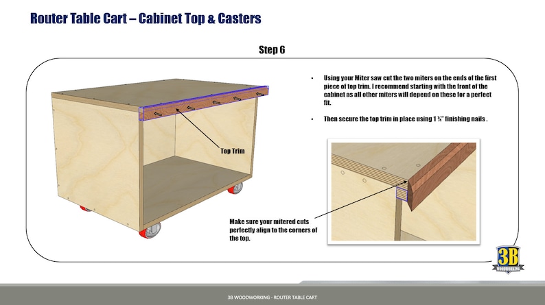 May include: A step-by-step guide on how to build a router table cart. Step 6 shows how to attach the top trim using a miter saw and finishing nails. The image shows a wooden cabinet with a top trim and casters.