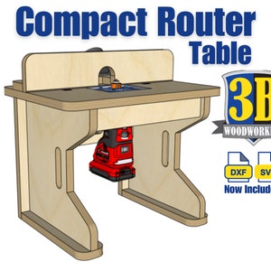 Pode incluir: Uma mesa de roteador compacta feita de madeira com um roteador vermelho anexado. A mesa tem uma cerca e um recorte para o roteador. A mesa está etiquetada como "Compact Router Table" e "3B Woodworking".