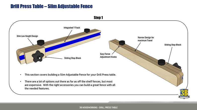 May include: Diagram showing how to build a slim adjustable fence for a drill press table. The fence features a low height design, integrated T-track, easy fence adjustment knobs, and a sliding stop block. The text in the image reads "Step 1".