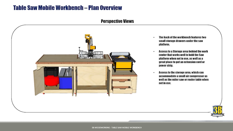 Woodworking plans, workbench plans, table saw workbench, and garage storage solutions.