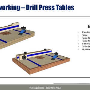May include: Two different views of a drill press table with a blue and white T-track system. The table is made of wood and has a blue and white fence. The table is designed for woodworking.