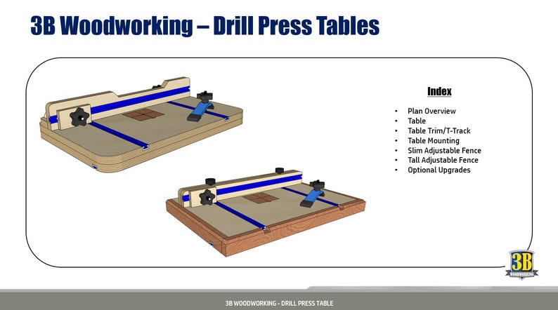 May include: Two different views of a drill press table with a blue and white T-track system. The table is made of wood and has a blue and white fence. The table is designed for woodworking.